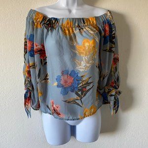 Lucky Brand Womens Blouse Off Shoulder Floral Size XS Semi Sheer Elastic Spring